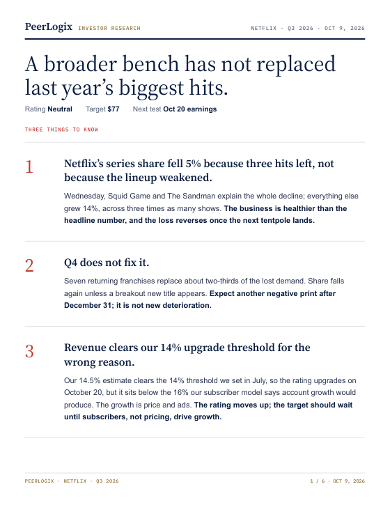 Cover of PeerLogix’s Netflix Q3 2026 research report